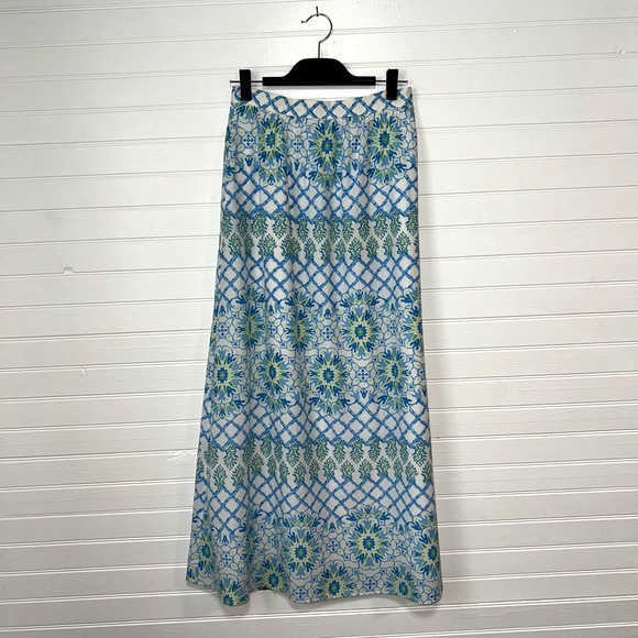 J McLaughlin Size Small Bohemian Modern Preppy Nautical SILK Artsy Maxi Skirt - Picture 1 of 9